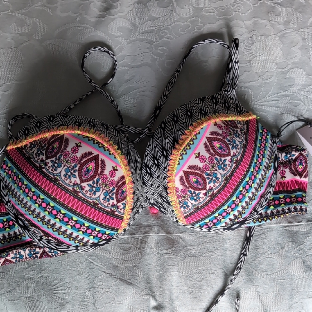Shade & Shore Pink and Blue Bikini Tops with Intricate Pattern Bundle Of 3
